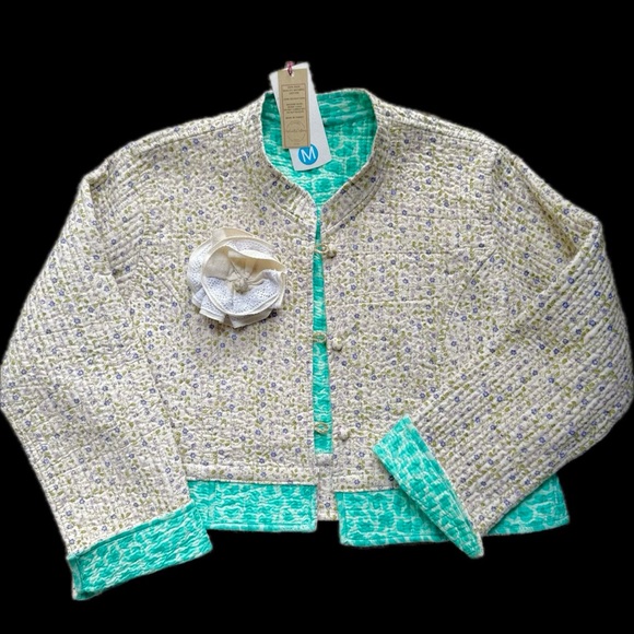 Reversible Quilted Cotton Blazer Jacket with Floral Brooch Cropped M, FBC Studio - Picture 7 of 17